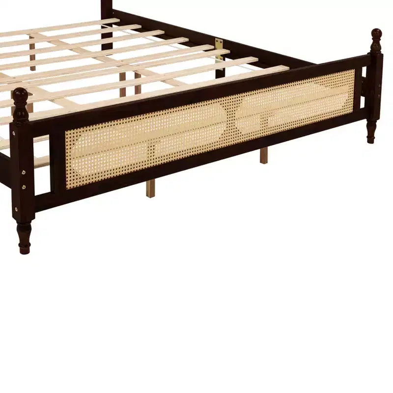 MAYEERTY Full Size Bed with Rattan Headboard, Two Storage Drawers, Rubber Wood Bed Brown