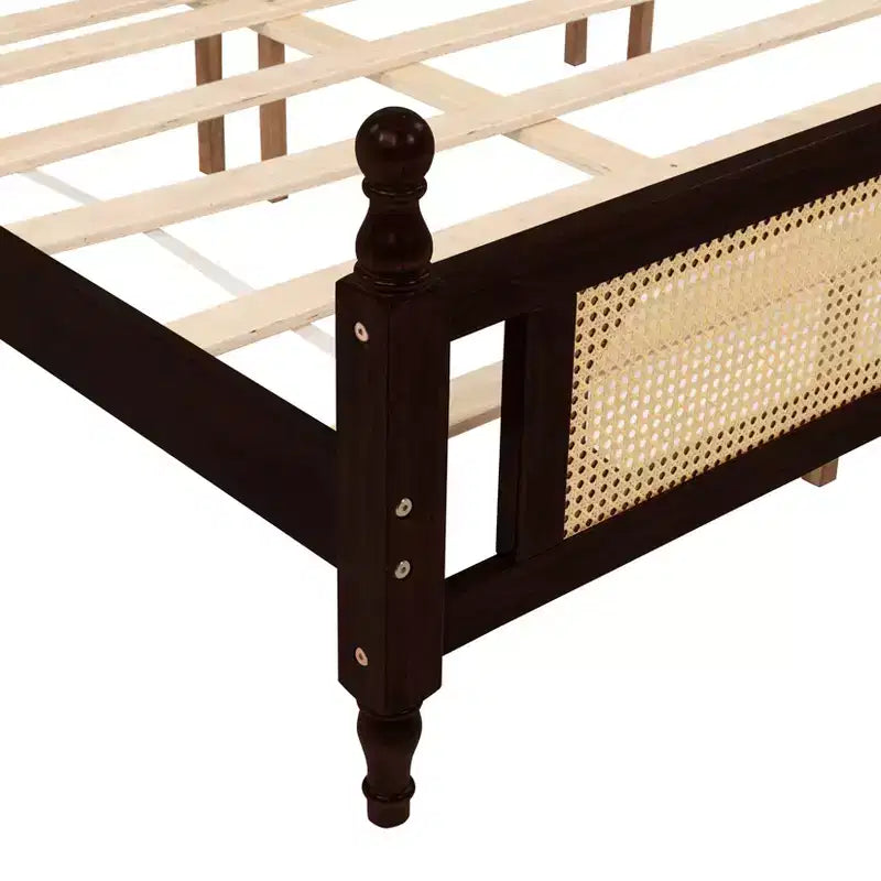 MAYEERTY Full Size Bed with Rattan Headboard, Two Storage Drawers, Rubber Wood Bed Brown