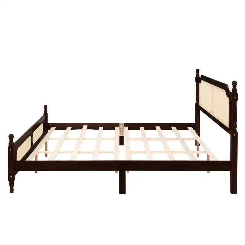 MAYEERTY Full Size Bed with Rattan Headboard, Two Storage Drawers, Rubber Wood Bed Brown