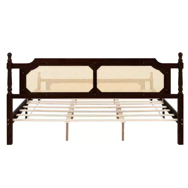 MAYEERTY Full Size Bed with Rattan Headboard, Two Storage Drawers, Rubber Wood Bed Brown