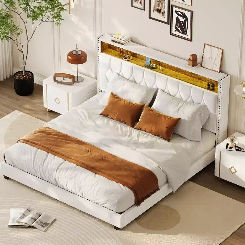 Bed Frame, Upholstered Headboard Platform Bed with Charging Station and Bookcase, No Noise, Easy Assembly Bed Frame with Light, No Box Spring Needed
