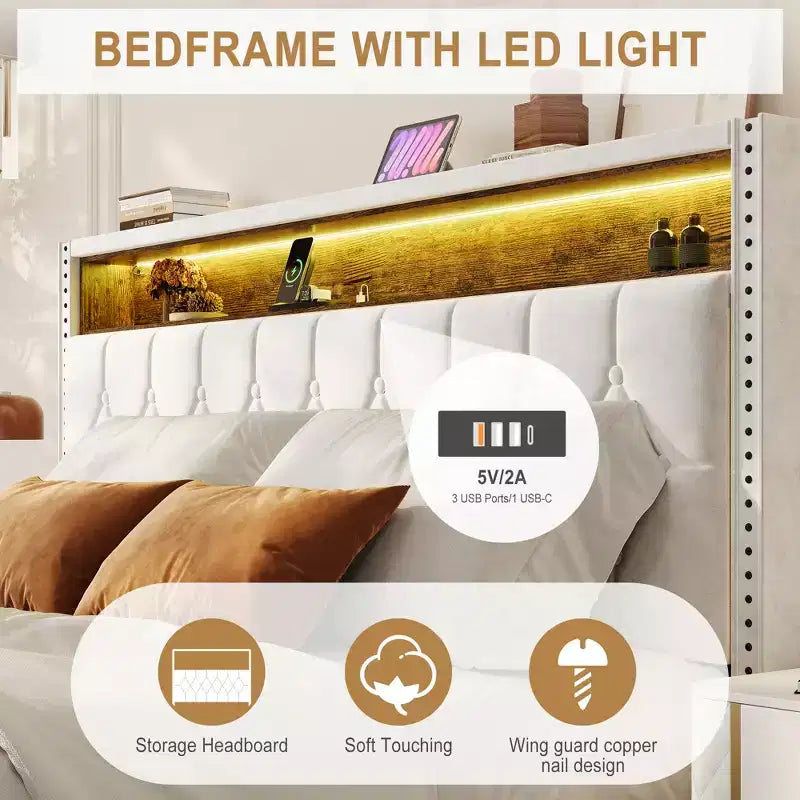 Bed Frame, Upholstered Headboard Platform Bed with Charging Station and Bookcase, No Noise, Easy Assembly Bed Frame with Light, No Box Spring Needed