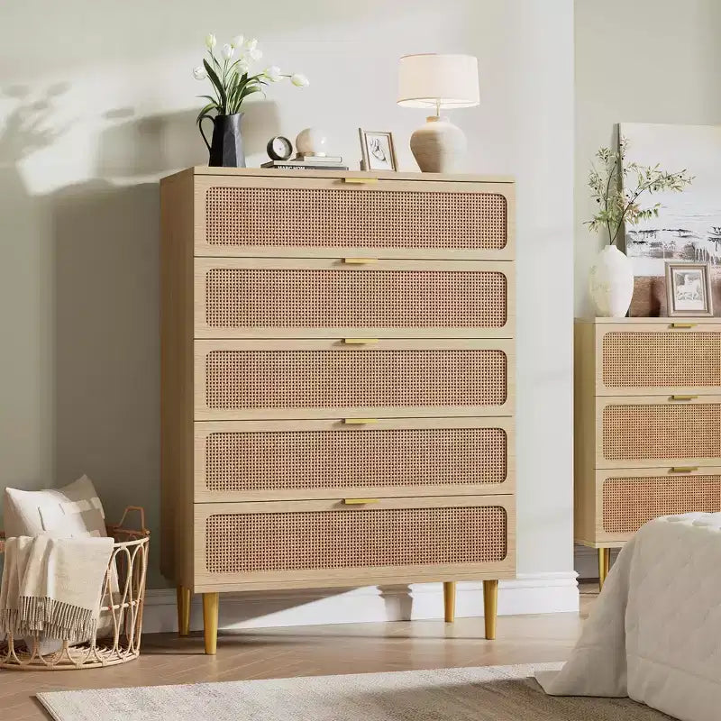 Rattan 5 Drawer Dressers for Bedroom, Tall Dresser with Deep Drawers, Large Chest of Drawers for Closet with Wide Top, Long Wooden Dresser