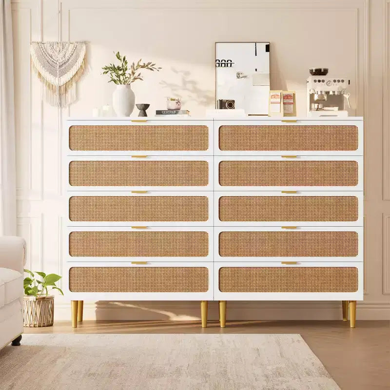 Rattan 5 Drawer Dressers for Bedroom, Tall Dresser with Deep Drawers, Large Chest of Drawers for Closet with Wide Top, Long Wooden Dresser