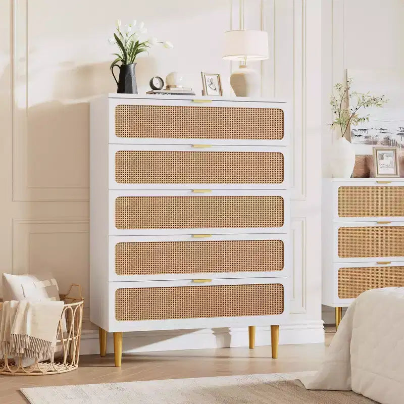 Rattan 5 Drawer Dressers for Bedroom, Tall Dresser with Deep Drawers, Large Chest of Drawers for Closet with Wide Top, Long Wooden Dresser