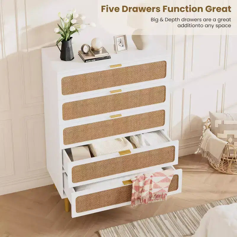 Rattan 5 Drawer Dressers for Bedroom, Tall Dresser with Deep Drawers, Large Chest of Drawers for Closet with Wide Top, Long Wooden Dresser