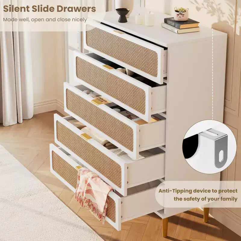 Rattan 5 Drawer Dressers for Bedroom, Tall Dresser with Deep Drawers, Large Chest of Drawers for Closet with Wide Top, Long Wooden Dresser