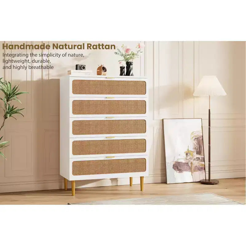 Rattan 5 Drawer Dressers for Bedroom, Tall Dresser with Deep Drawers, Large Chest of Drawers for Closet with Wide Top, Long Wooden Dresser
