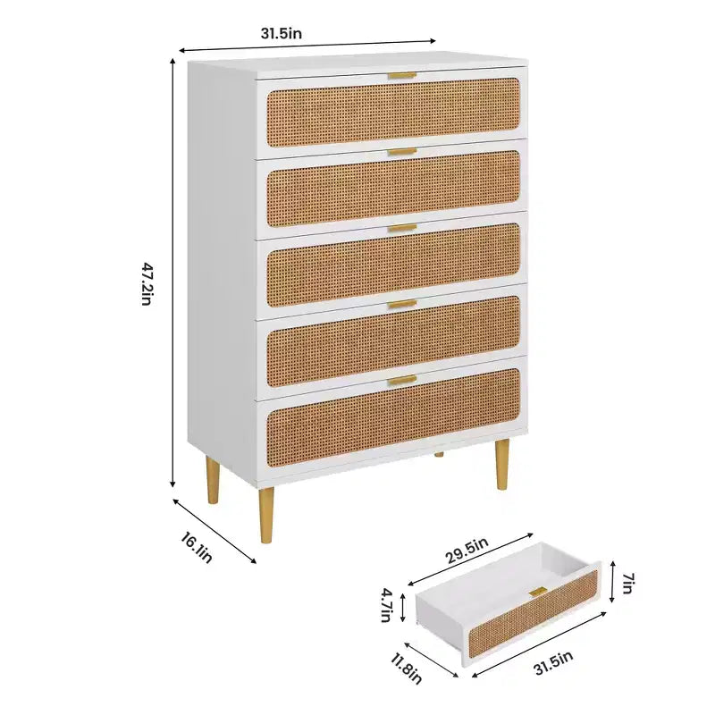 Rattan 5 Drawer Dressers for Bedroom, Tall Dresser with Deep Drawers, Large Chest of Drawers for Closet with Wide Top, Long Wooden Dresser