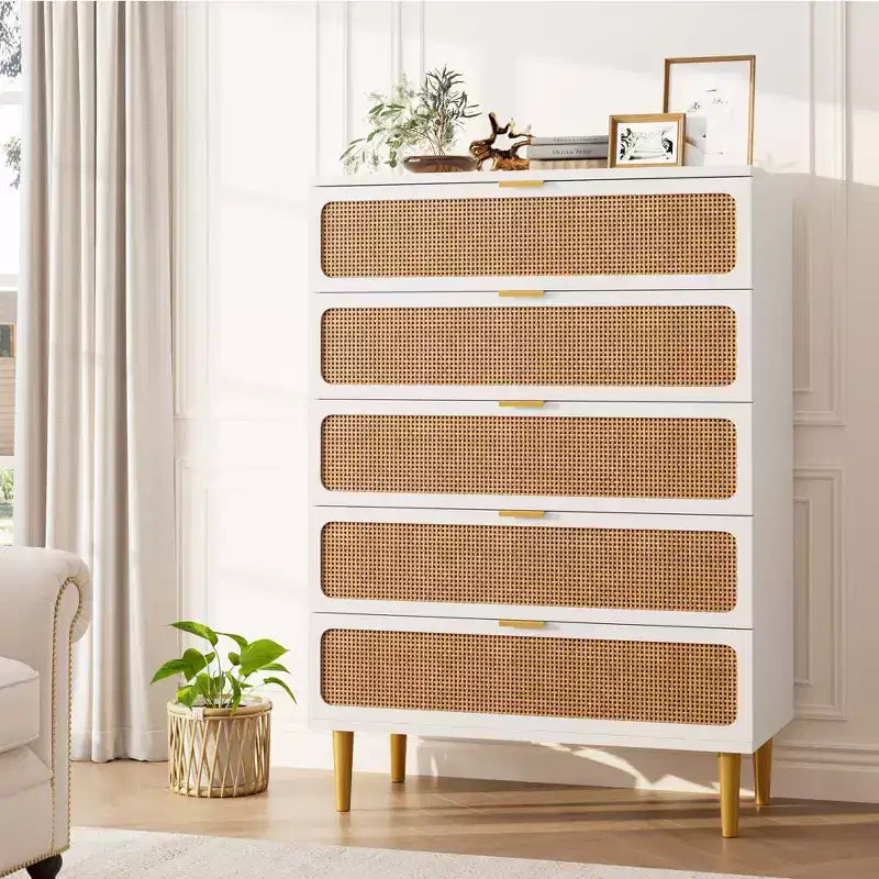 Rattan 5 Drawer Dressers for Bedroom, Tall Dresser with Deep Drawers, Large Chest of Drawers for Closet with Wide Top, Long Wooden Dresser