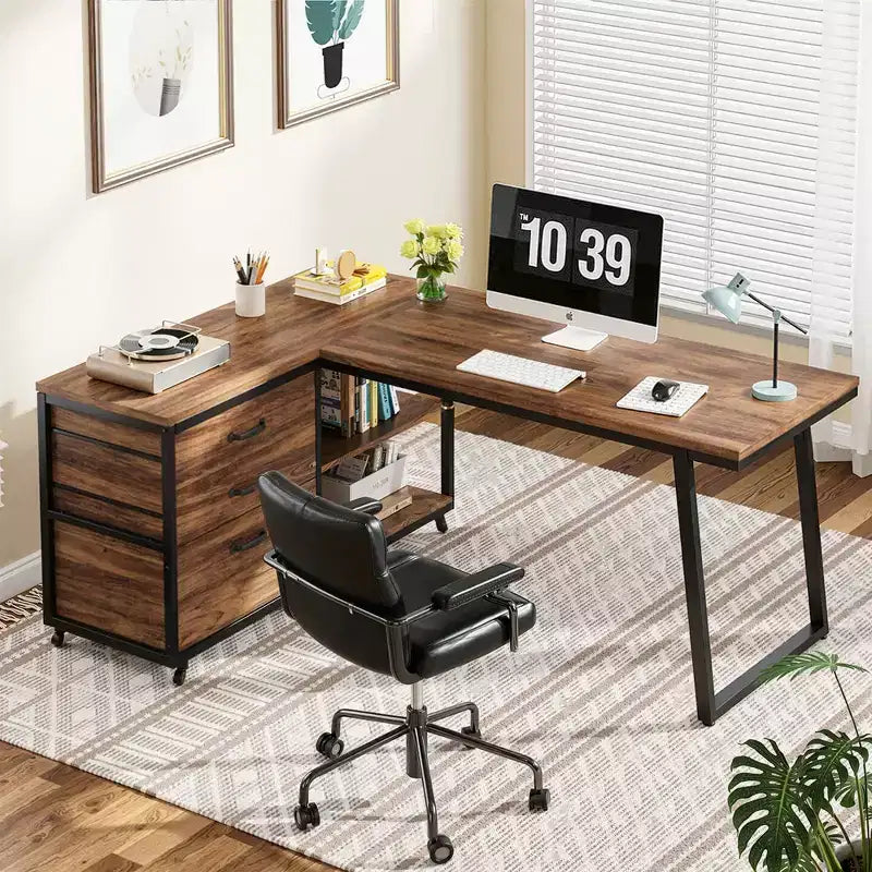 MAYEERTY 53 L-Shaped Desk with File Cabinet, Industrial Style, Easy Assembly