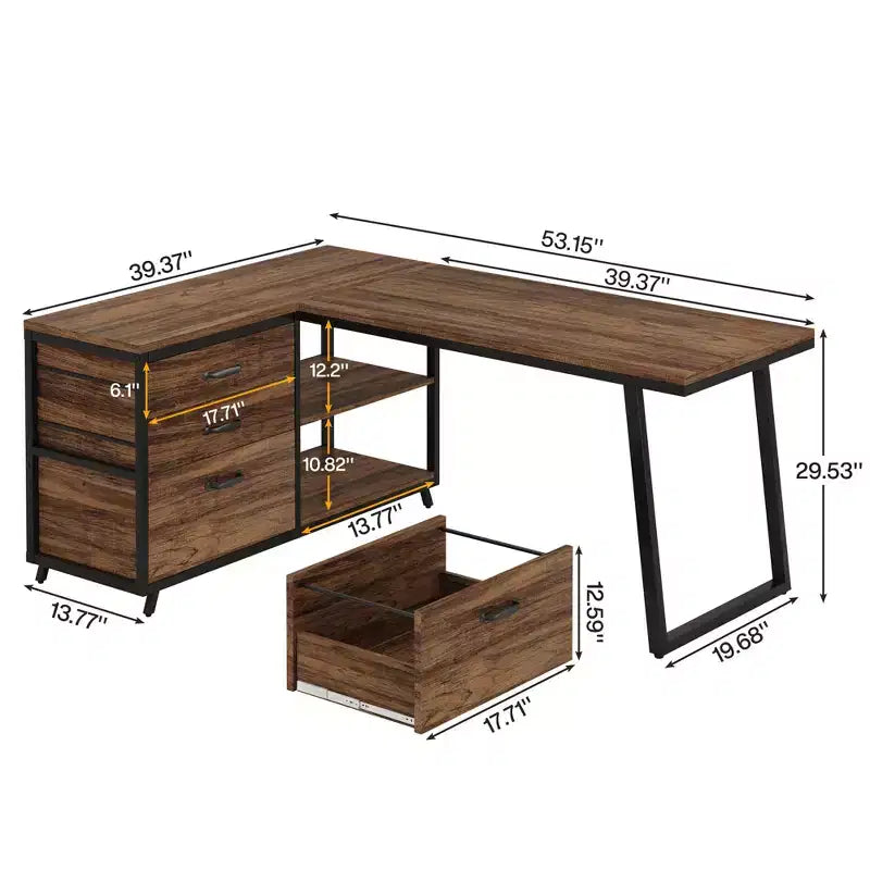 MAYEERTY 53 L-Shaped Desk with File Cabinet, Industrial Style, Easy Assembly