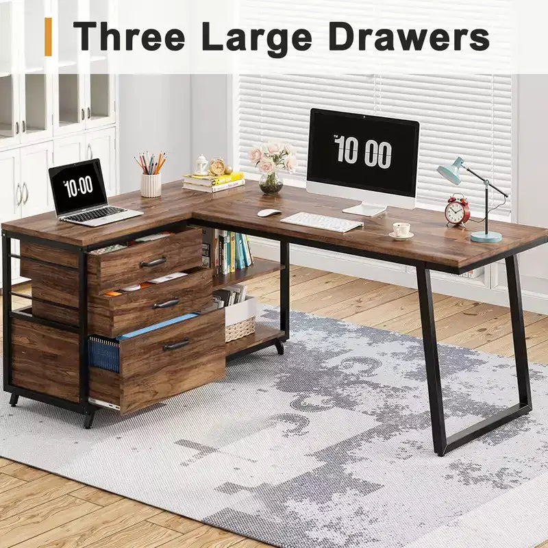 MAYEERTY 53 L-Shaped Desk with File Cabinet, Industrial Style, Easy Assembly