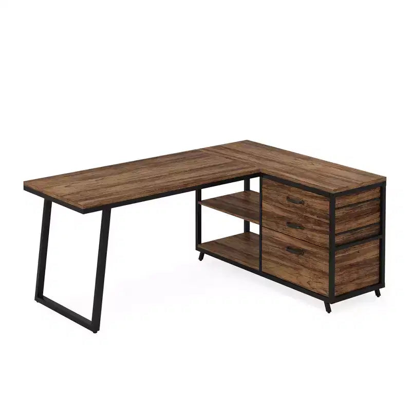 MAYEERTY 53 L-Shaped Desk with File Cabinet, Industrial Style, Easy Assembly