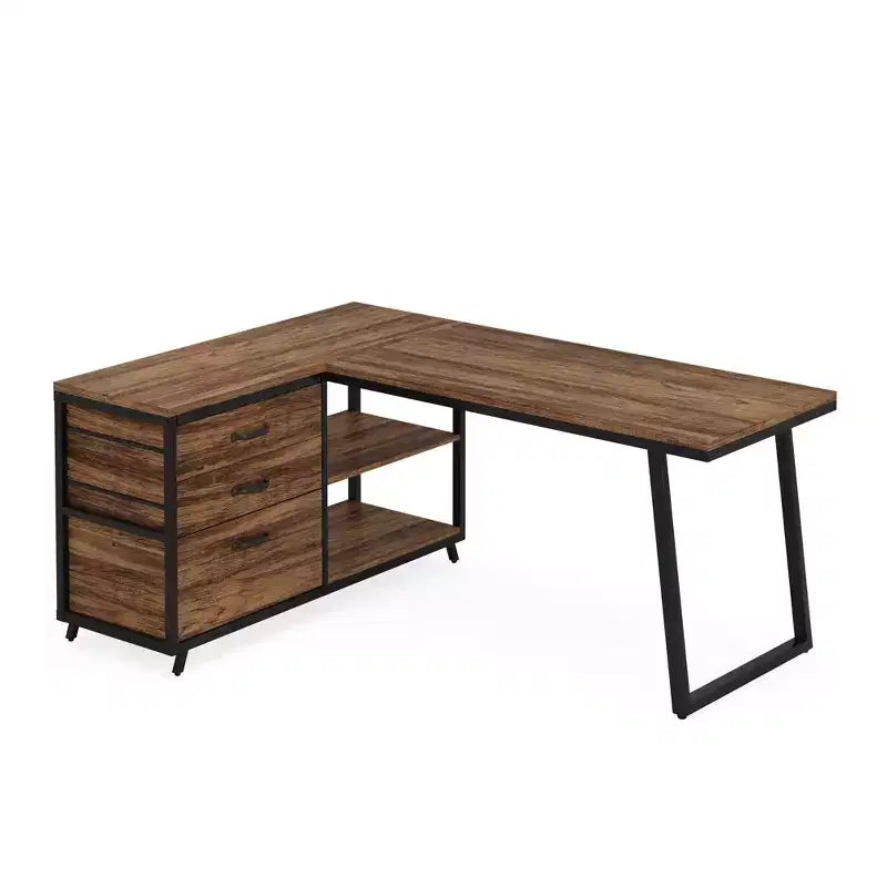 MAYEERTY 53 L-Shaped Desk with File Cabinet, Industrial Style, Easy Assembly