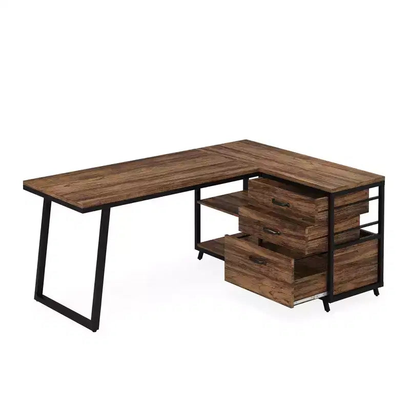 MAYEERTY 53 L-Shaped Desk with File Cabinet, Industrial Style, Easy Assembly