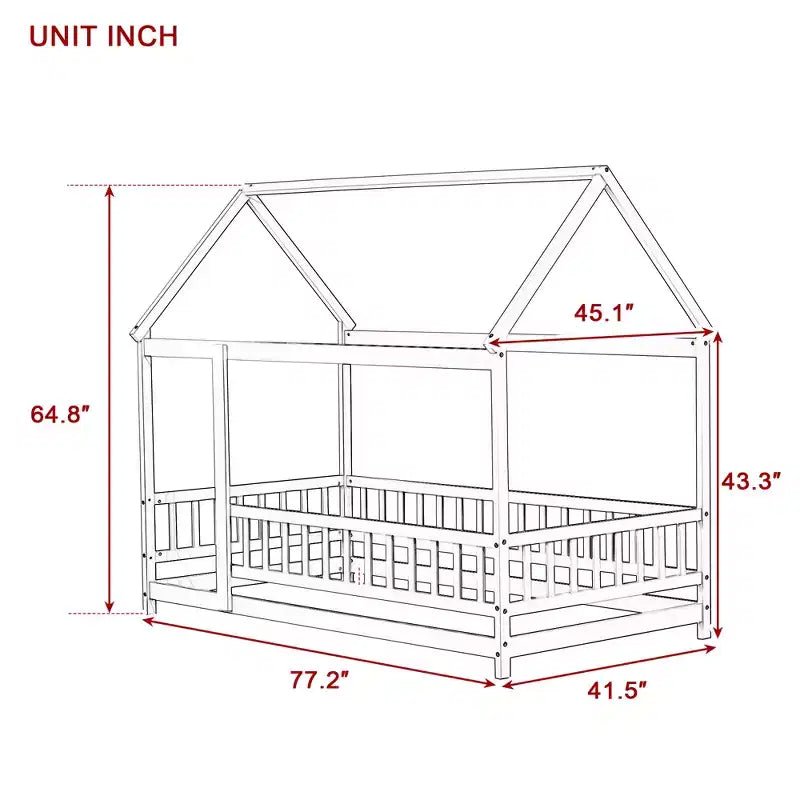 MAYEERTY Twin House Floor Wooden Bed with Roof Frame, Safety Guardrails Gray