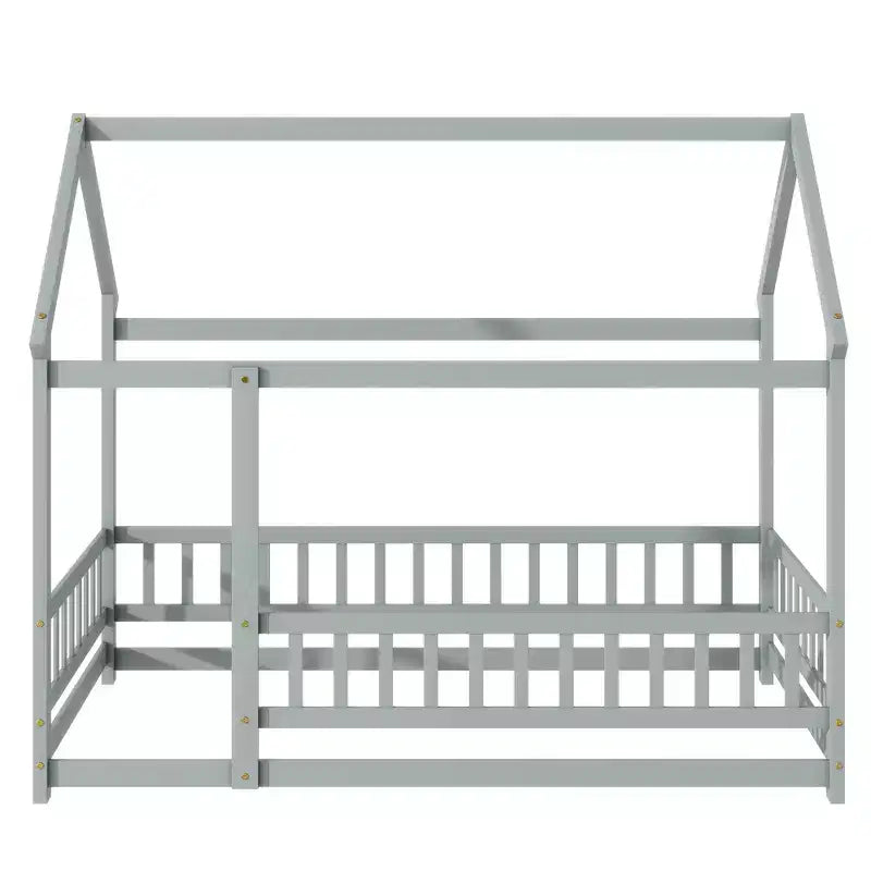 MAYEERTY Twin House Floor Wooden Bed with Roof Frame, Safety Guardrails Gray