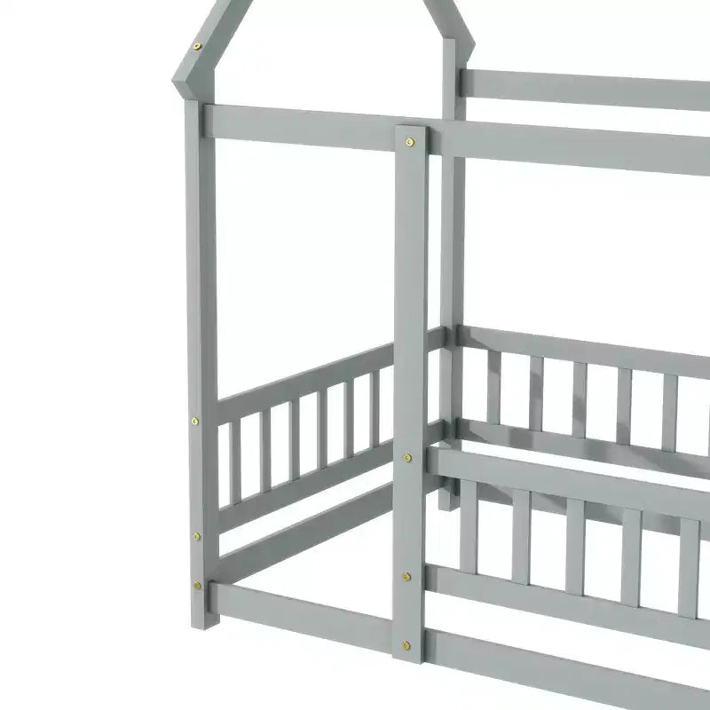 MAYEERTY Twin House Floor Wooden Bed with Roof Frame, Safety Guardrails Gray