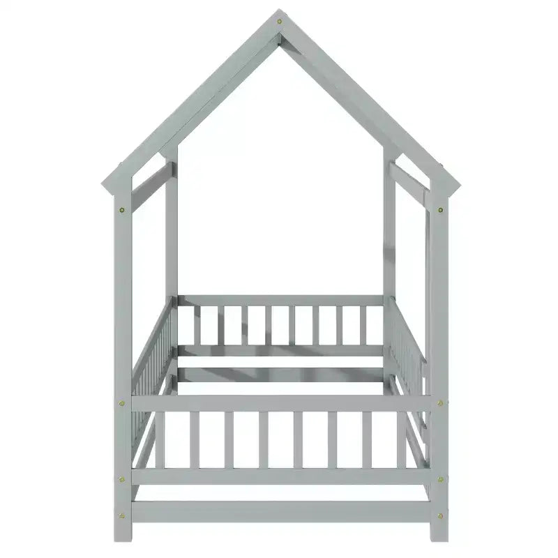 MAYEERTY Twin House Floor Wooden Bed with Roof Frame, Safety Guardrails Gray