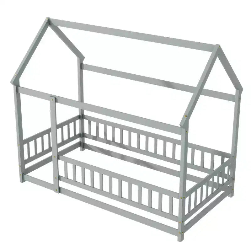 MAYEERTY Twin House Floor Wooden Bed with Roof Frame, Safety Guardrails Gray
