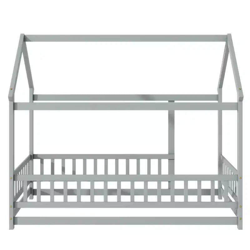 MAYEERTY Twin House Floor Wooden Bed with Roof Frame, Safety Guardrails Gray