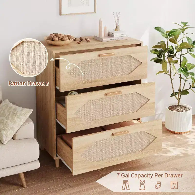 DobleePy 31.5 Oak Rattan 3-Drawer Dresser, Wood Storage Cabinet Chest for Bedroom, Entryway, Hallway, Easy Assembly, Boho Style