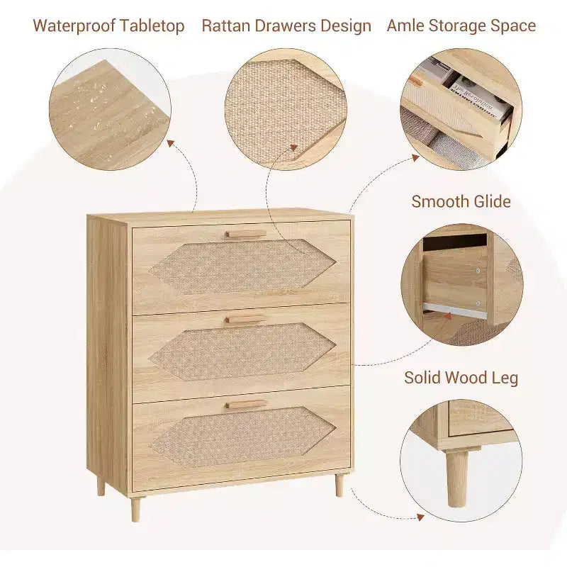 DobleePy 31.5 Oak Rattan 3-Drawer Dresser, Wood Storage Cabinet Chest for Bedroom, Entryway, Hallway, Easy Assembly, Boho Style