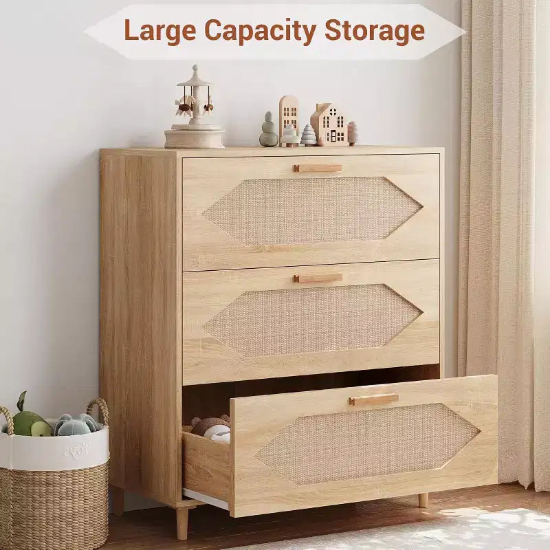 DobleePy 31.5 Oak Rattan 3-Drawer Dresser, Wood Storage Cabinet Chest for Bedroom, Entryway, Hallway, Easy Assembly, Boho Style