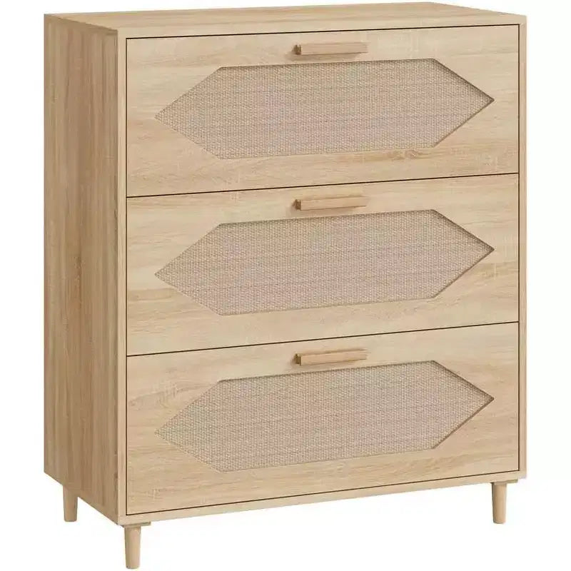 DobleePy 31.5 Oak Rattan 3-Drawer Dresser, Wood Storage Cabinet Chest for Bedroom, Entryway, Hallway, Easy Assembly, Boho Style
