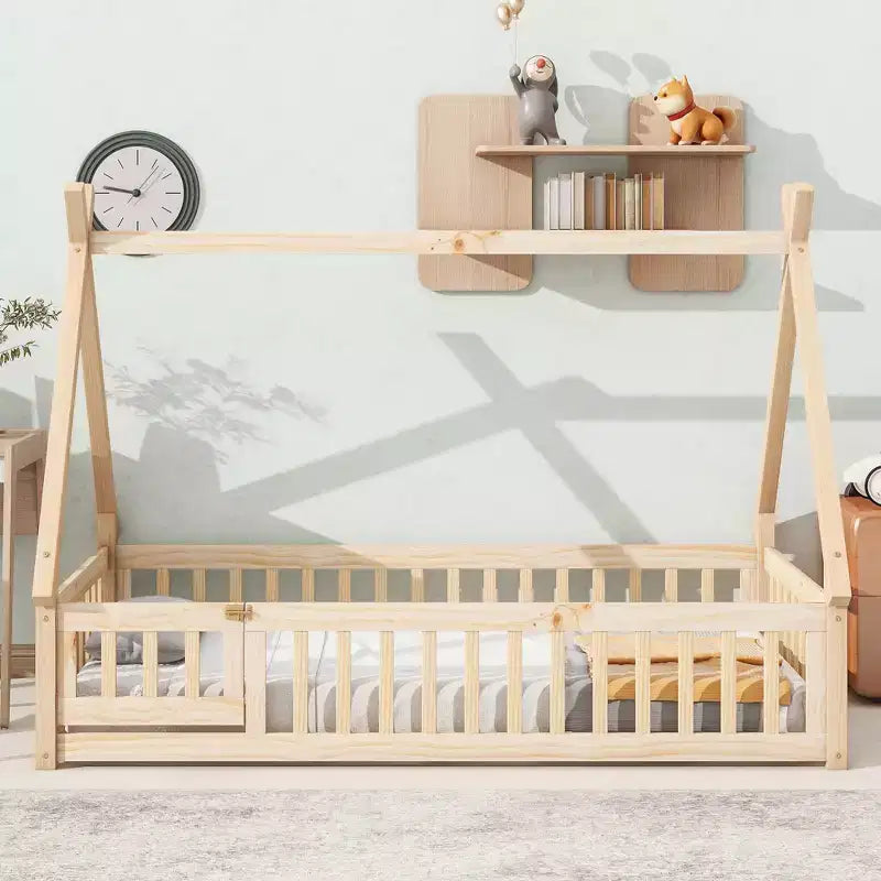 MAYEERTY Twin Tent-shaped Floor Bed with Safety Guardrails Beige