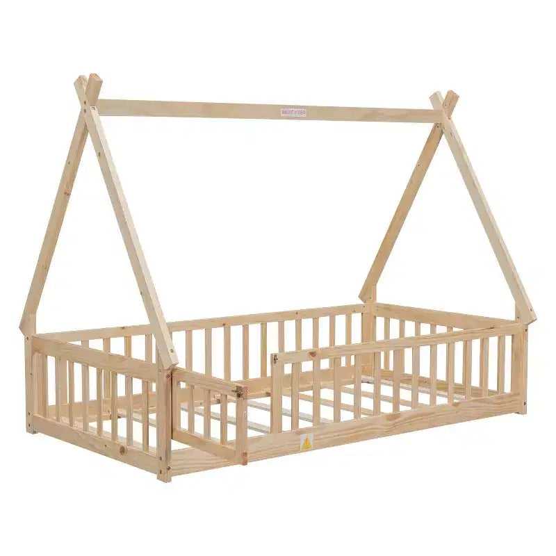 Lit de sol jumeau MAYEERTY en forme de tente avec barrières de sécurité beige