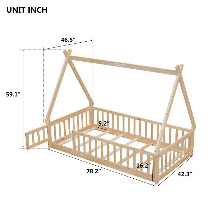 MAYEERTY Twin Tent-shaped Floor Bed with Safety Guardrails Beige