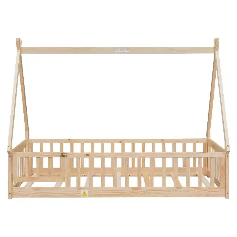 Lit de sol jumeau MAYEERTY en forme de tente avec barrières de sécurité beige