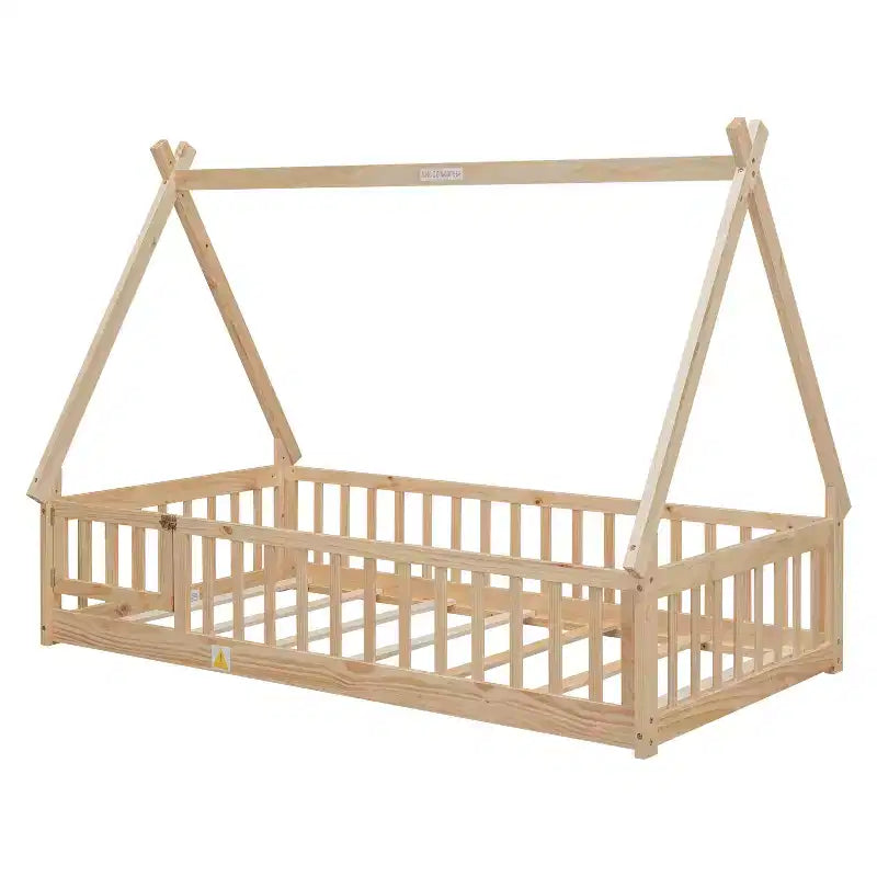 Lit de sol jumeau MAYEERTY en forme de tente avec barrières de sécurité beige