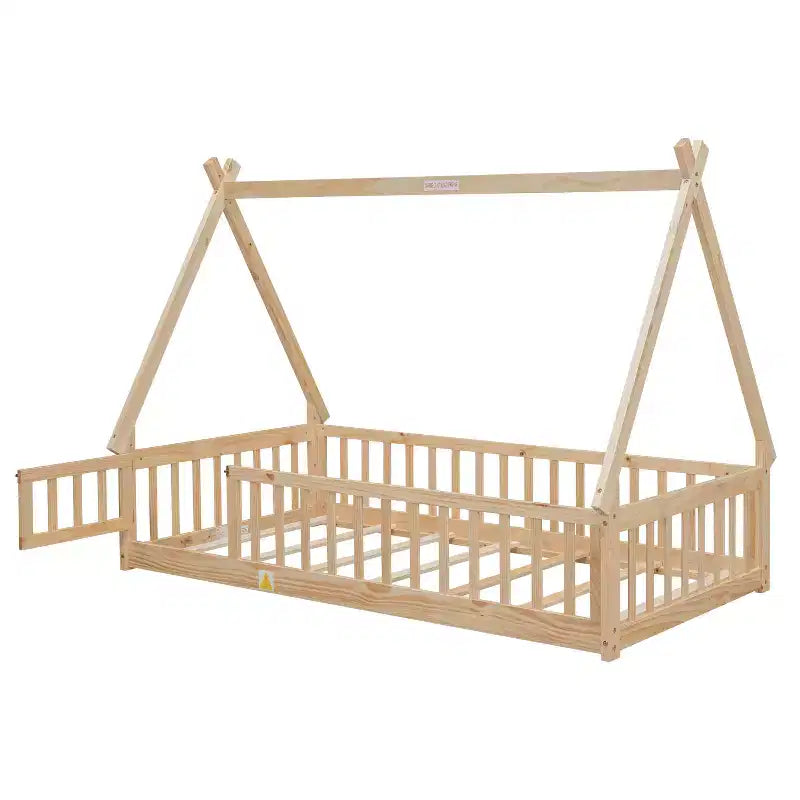 Lit de sol jumeau MAYEERTY en forme de tente avec barrières de sécurité beige