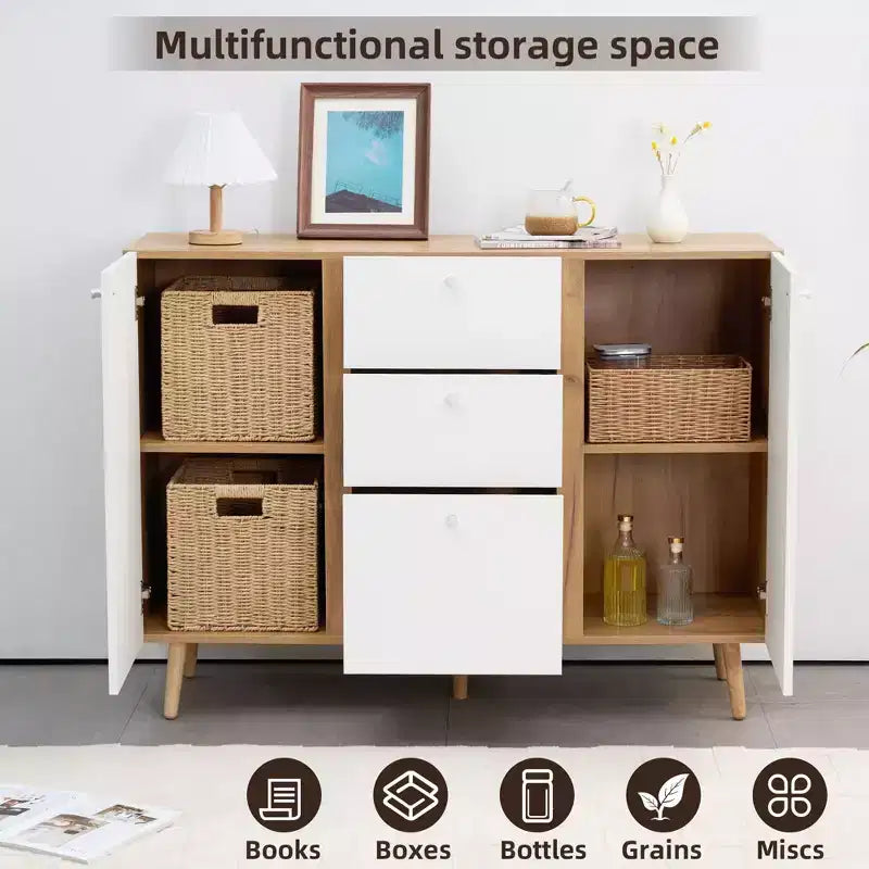 Okak Commode de rangement moderne avec 3 tiroirs et 2 portes, buffet avec étagère réglable pour salon, salle à manger, cuisine