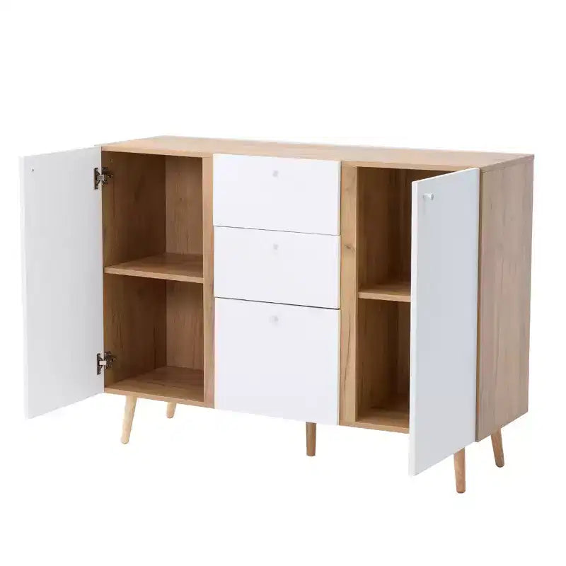 Okak Commode de rangement moderne avec 3 tiroirs et 2 portes, buffet avec étagère réglable pour salon, salle à manger, cuisine