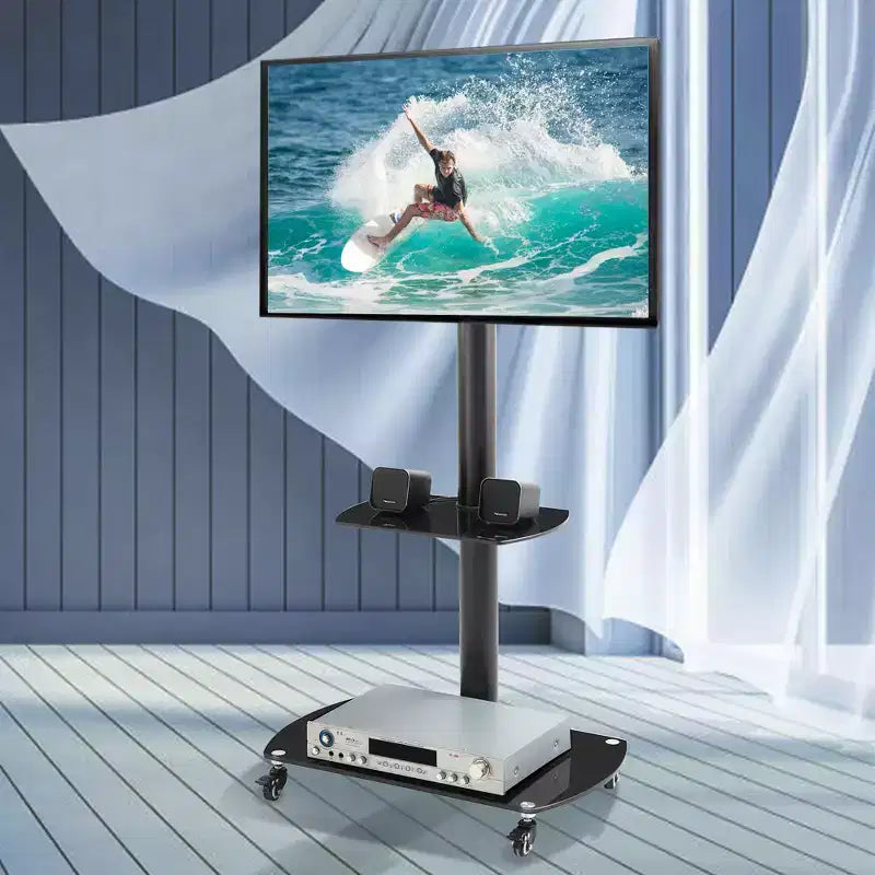 MAYEERTY Black Multi-Function TV Stand - Angle & Height Adjustable, Tempered Glass