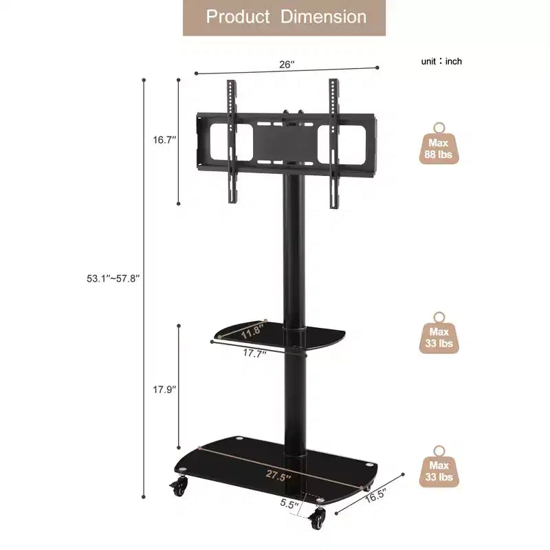Meuble TV multifonction MAYEERTY noir - Orientable et réglable en hauteur, verre trempé