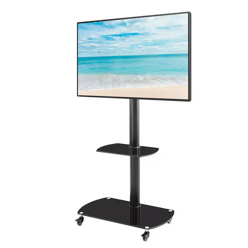 Meuble TV multifonction MAYEERTY noir - Orientable et réglable en hauteur, verre trempé