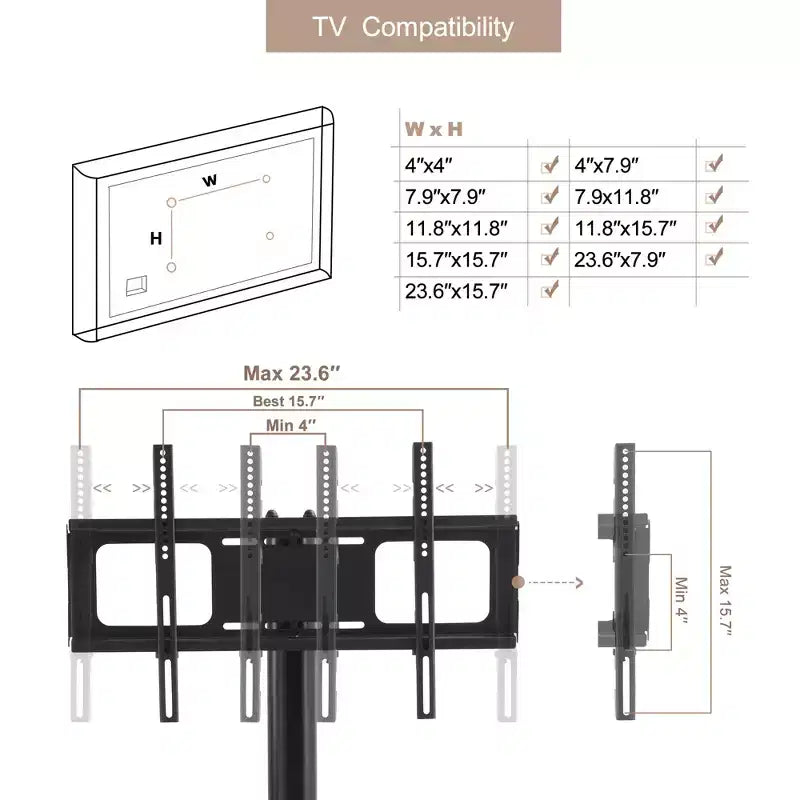 Meuble TV multifonction MAYEERTY noir - Orientable et réglable en hauteur, verre trempé