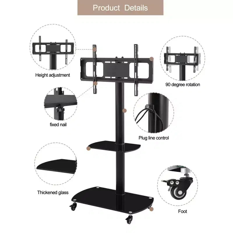 Meuble TV multifonction MAYEERTY noir - Orientable et réglable en hauteur, verre trempé