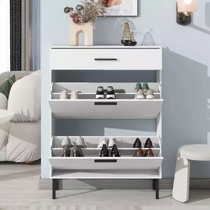 MAYEERTY Shoe Cabinet Freestanding Shoe Rack Storage Organizer with Drawers Metal Legs Modern 2 Flip Drawers for Entryway