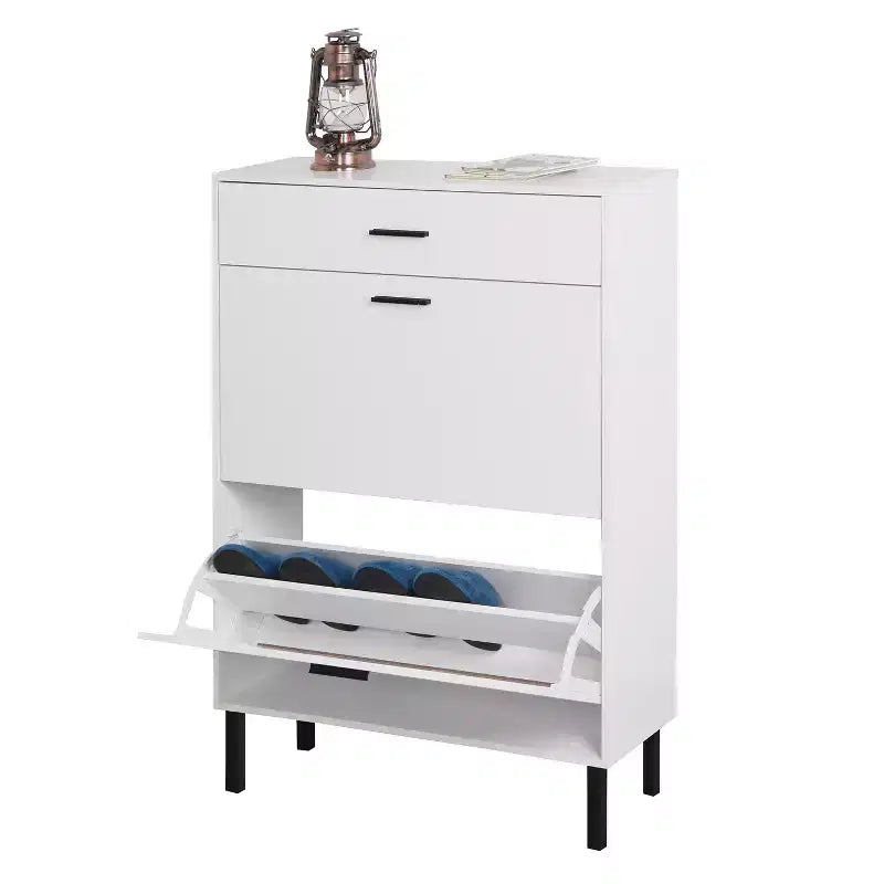 MAYEERTY Shoe Cabinet Freestanding Shoe Rack Storage Organizer with Drawers Metal Legs Modern 2 Flip Drawers for Entryway
