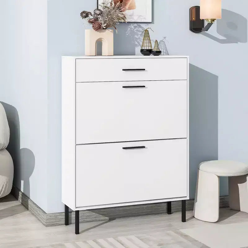 MAYEERTY Shoe Cabinet Freestanding Shoe Rack Storage Organizer with Drawers Metal Legs Modern 2 Flip Drawers for Entryway