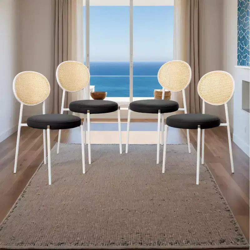 LeisureMod Euston Velvet Rattan Open Back Dining Chairs Set of 4  Stainless Steel Base, Comfortable Modern Seating for Kitchen, Dining Room, Cafe