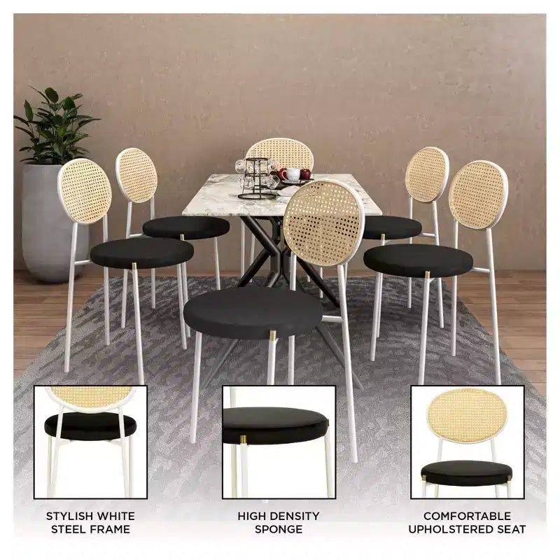 LeisureMod Euston Velvet Rattan Open Back Dining Chairs Set of 4  Stainless Steel Base, Comfortable Modern Seating for Kitchen, Dining Room, Cafe