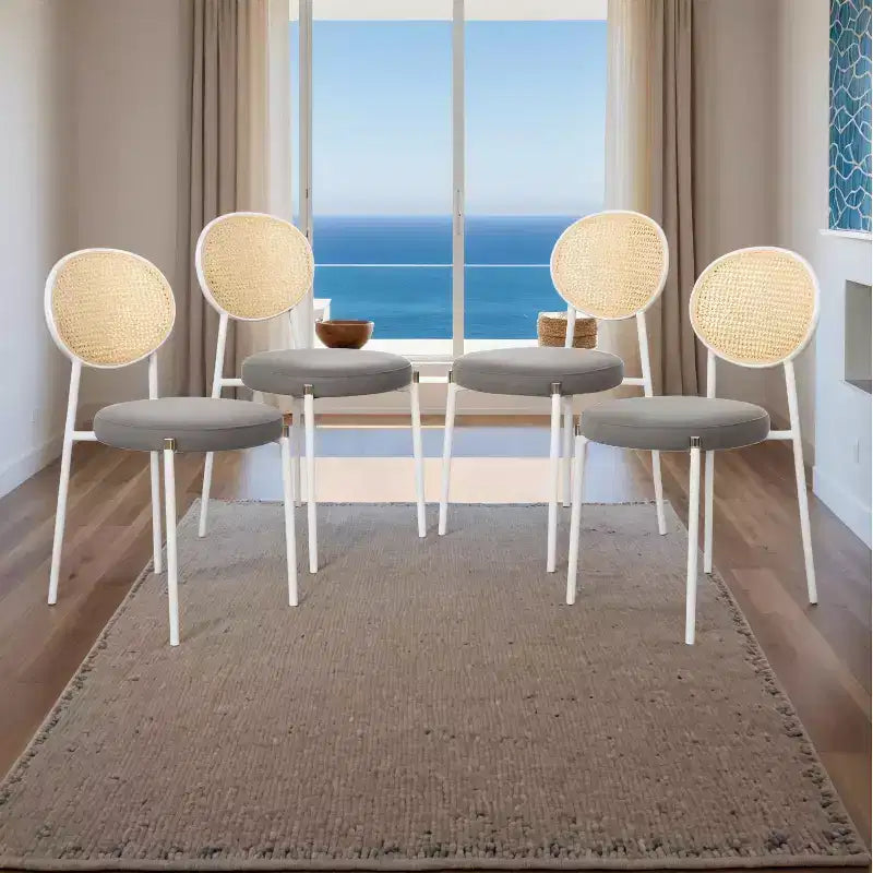 LeisureMod Euston Velvet Rattan Open Back Dining Chairs Set of 4  Stainless Steel Base, Comfortable Modern Seating for Kitchen, Dining Room, Cafe