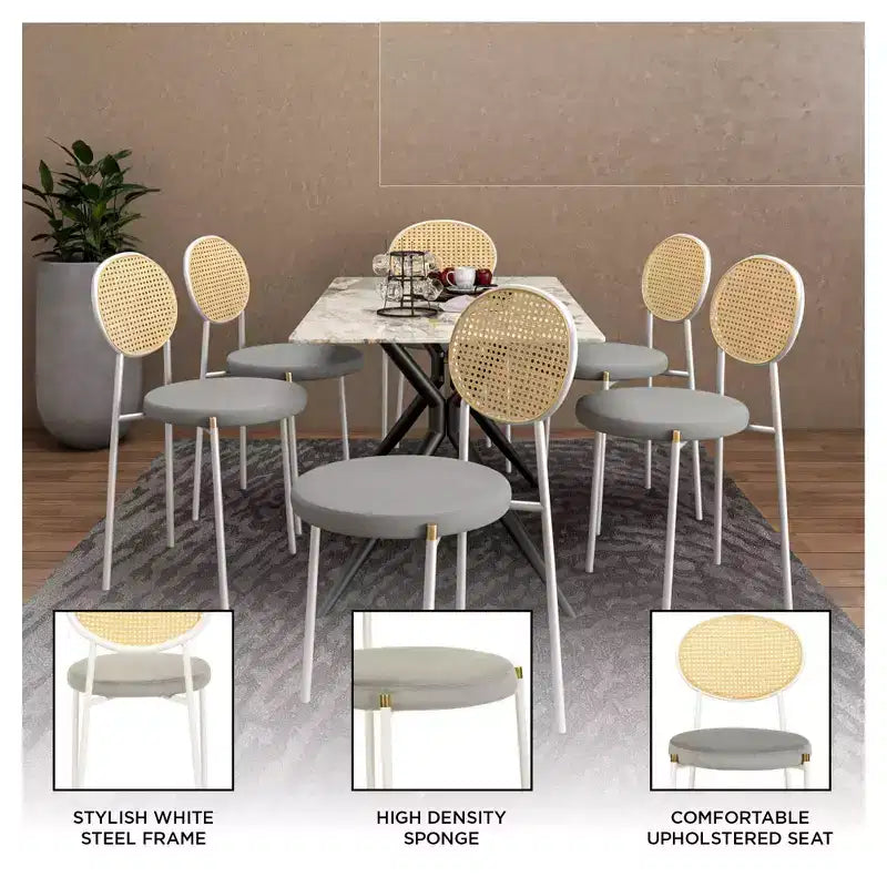 LeisureMod Euston Velvet Rattan Open Back Dining Chairs Set of 4  Stainless Steel Base, Comfortable Modern Seating for Kitchen, Dining Room, Cafe